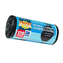 Мешки для мусора 120 л, с ушками, черные, в рулоне 30 шт., ПНД, 15 мкм, 1100х700 мм, Крепак, 4607075710375 во Всеводжске